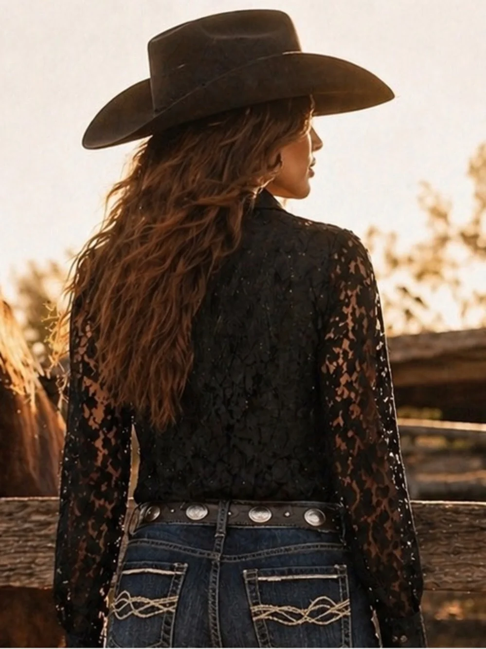 VTG 90s Y2K Jaclyn Smith Black Lace Button Front Blouse Western Cowgirl Chic, M - Picture 2 of 10